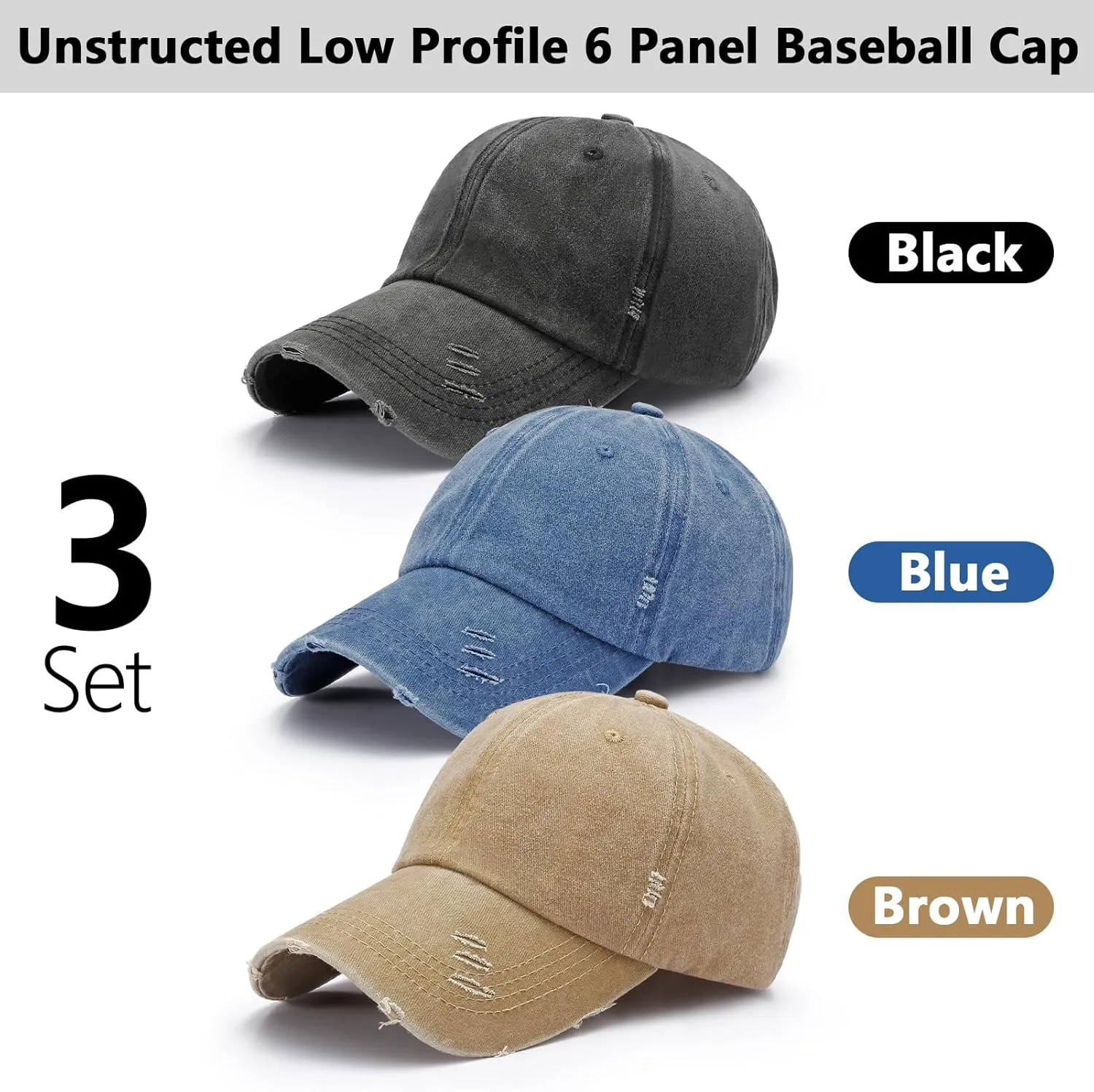 3 Pack Washed Plain Baseball Cap Vintage Distressed Low Profile Cotton Dad Hat Adjustable for Women Men