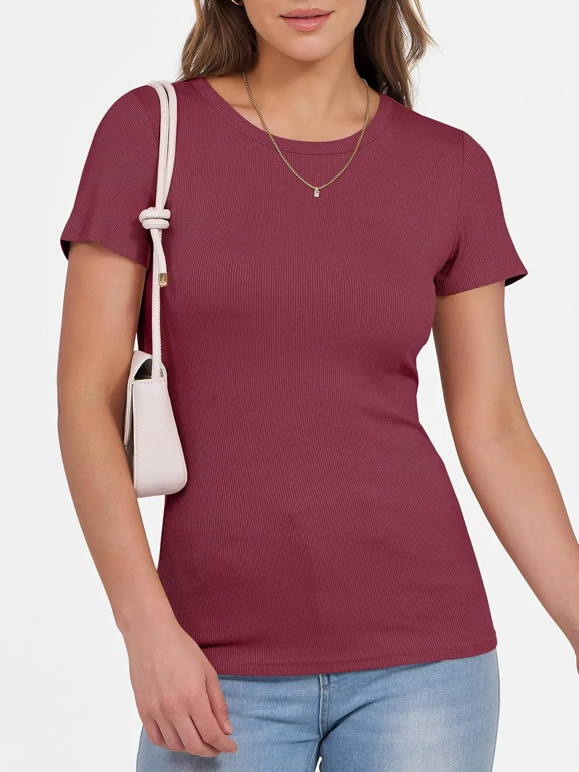 ANRABESS Women Short Sleeve Crewneck Ribbed Knit Slim Fitted Shirts Summer Tops Basic Tee T-Shirt Casual Spring 2025 Clothes