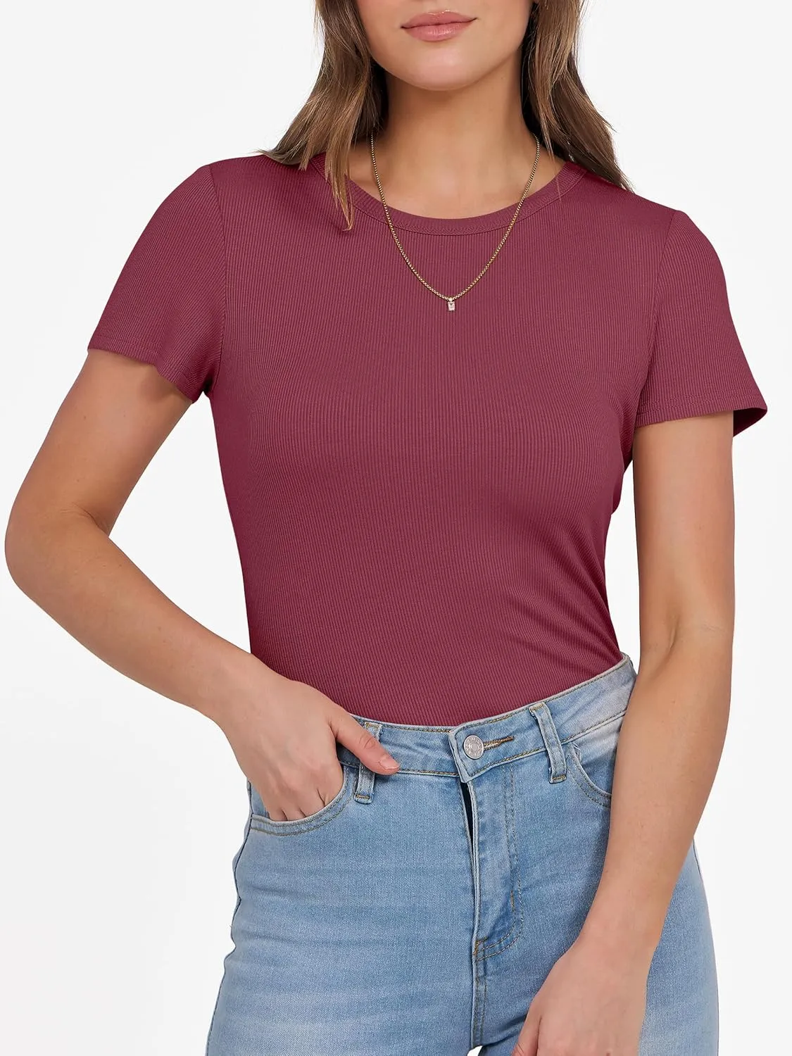 ANRABESS Women Short Sleeve Crewneck Ribbed Knit Slim Fitted Shirts Summer Tops Basic Tee T-Shirt Casual Spring 2025 Clothes