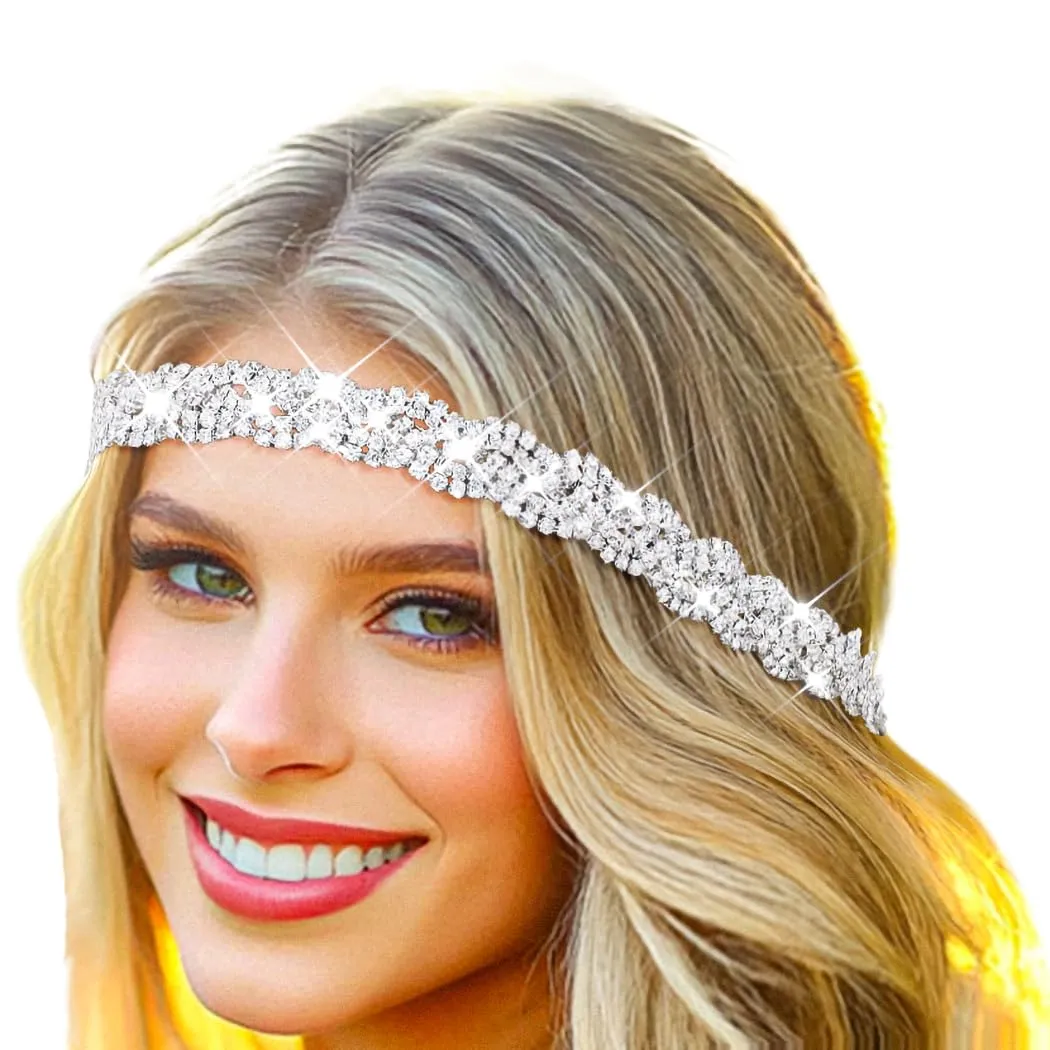Barode Rhinestone Homecoming Head Chain Jewelry Silver Sparkly Elastic Headband Forehead Crystal Braided Accessories for Women