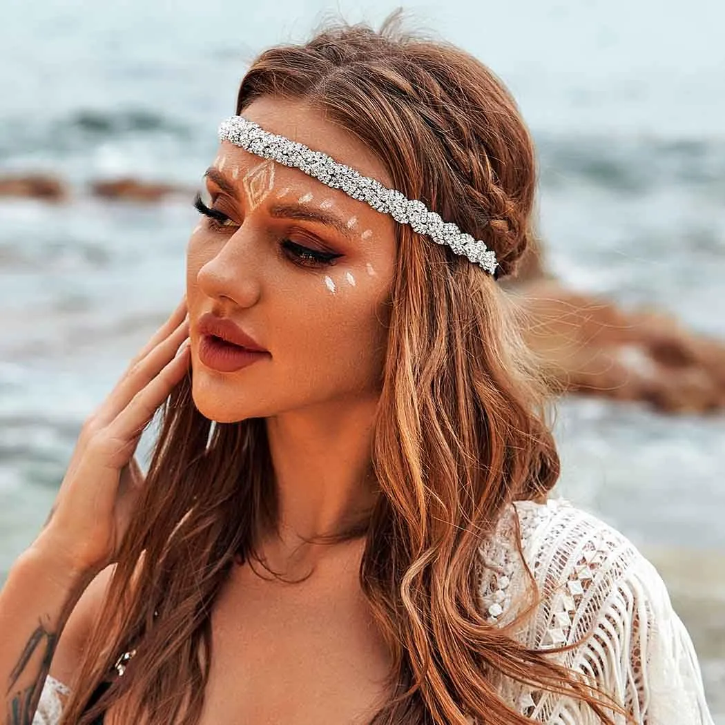 Barode Rhinestone Homecoming Head Chain Jewelry Silver Sparkly Elastic Headband Forehead Crystal Braided Accessories for Women