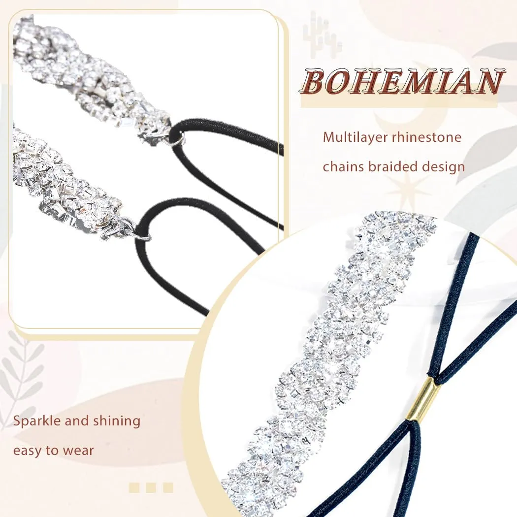 Barode Rhinestone Homecoming Head Chain Jewelry Silver Sparkly Elastic Headband Forehead Crystal Braided Accessories for Women