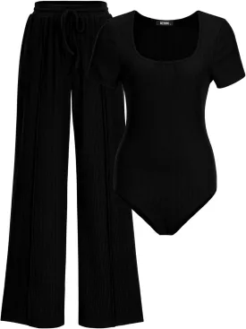 BTFBM Womens Casual 2 Pieces Outfits Dressy Square Neck Short Sleeve Bodysuit Drawstring Pants Knit Lounge Matching Sets