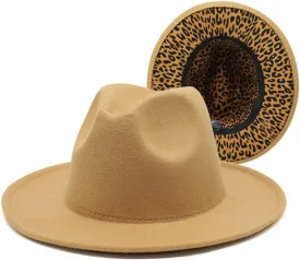 Cap New Thickened Men and Women Top Hats, Two Color Jazz Hats, Big Brim Double-Sided Woolen Leopard Texture Inner Felt Hat Fengyan Cowboy Hats (Color : Camel, Size : 56-58cm)