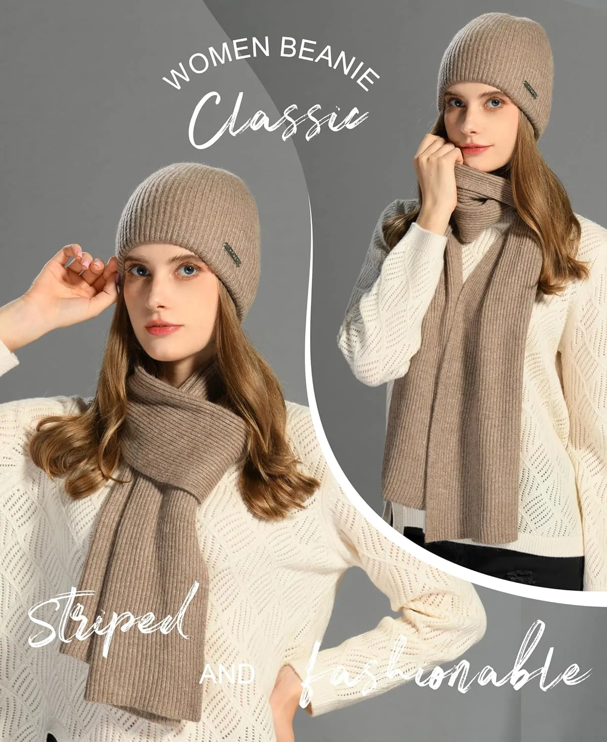 cashmere beanie hat scarf set for women winter knit long scarf neck warmer stylish beanie unisex gift set