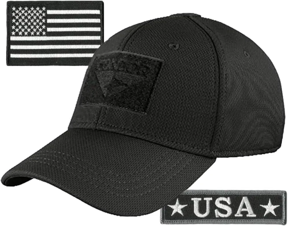 Condor Fitted Tactical Cap Bundle - USA Morale & USA Flag Patches - Choose Size