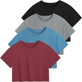 Cosy Pyro 4-Pack Women's Cotton Crop T-Shirts Short Sleeve Solid Cropped Athletic Top Round Neck Casual Workout Yoga Tees