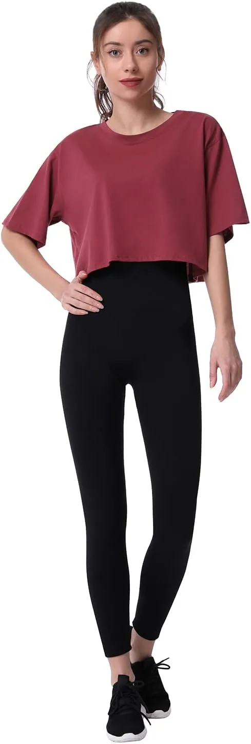 Cosy Pyro 4-Pack Women's Cotton Crop T-Shirts Short Sleeve Solid Cropped Athletic Top Round Neck Casual Workout Yoga Tees