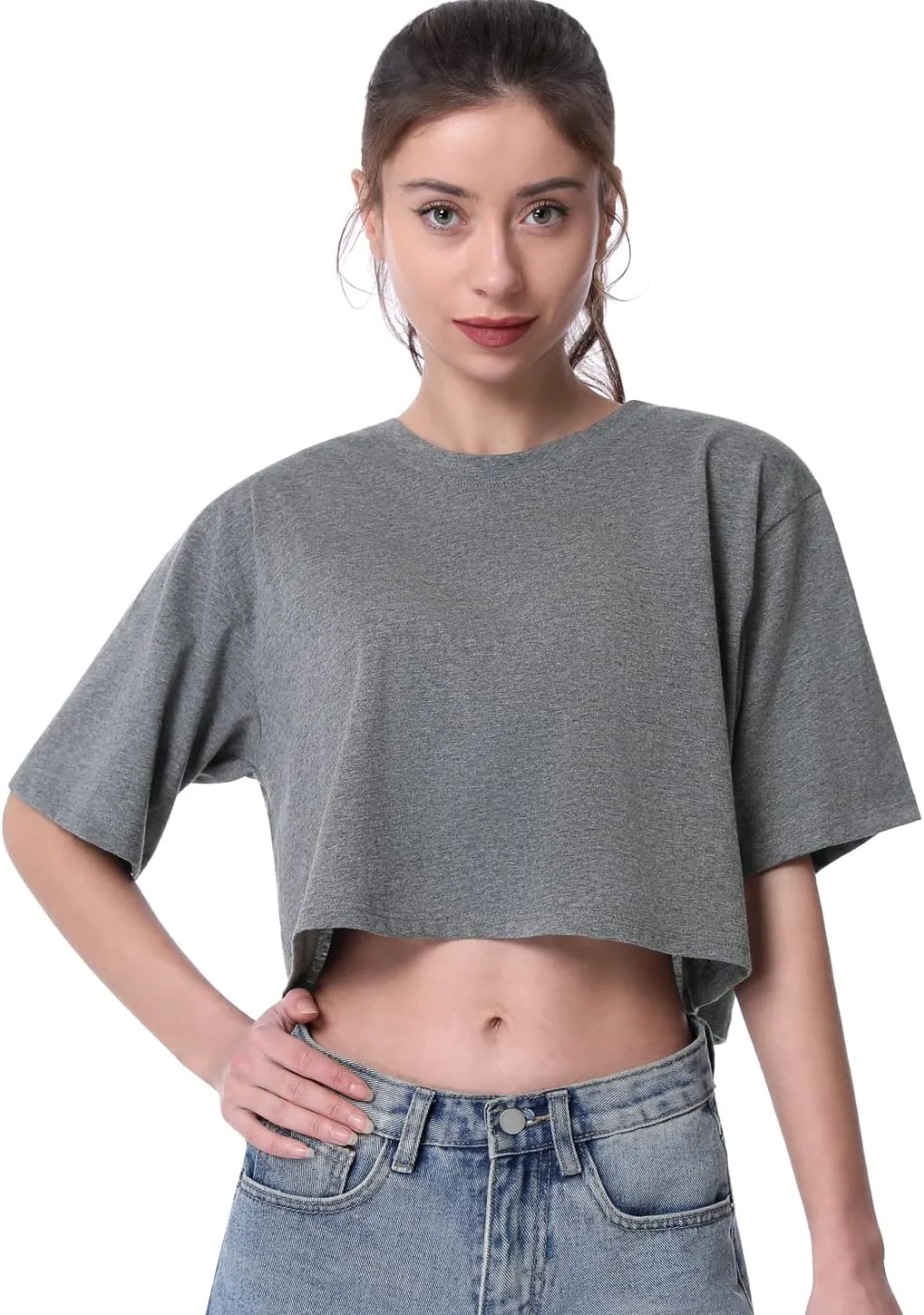 Cosy Pyro 4-Pack Women's Cotton Crop T-Shirts Short Sleeve Solid Cropped Athletic Top Round Neck Casual Workout Yoga Tees