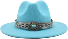DHAEY Autumn and Winter Vintage Woolen Hat Women's New National Style Jazz Woolen Hat Europe and America Felt Hat Luopan Caps & Hats (Color : Lake Blue, Size : Medium(56-58cm))