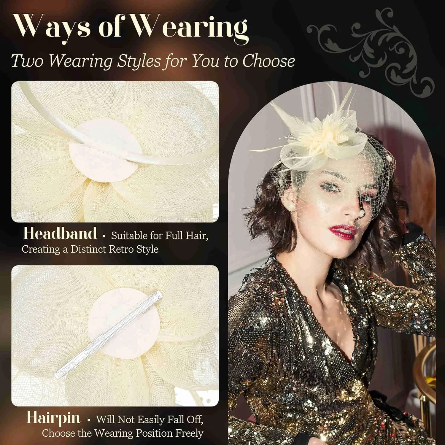Fascinators Hats for Women Tea Party Hat Feather Mesh Headband Vintage Lace Cocktail Headwear Veil Hair Clip Church