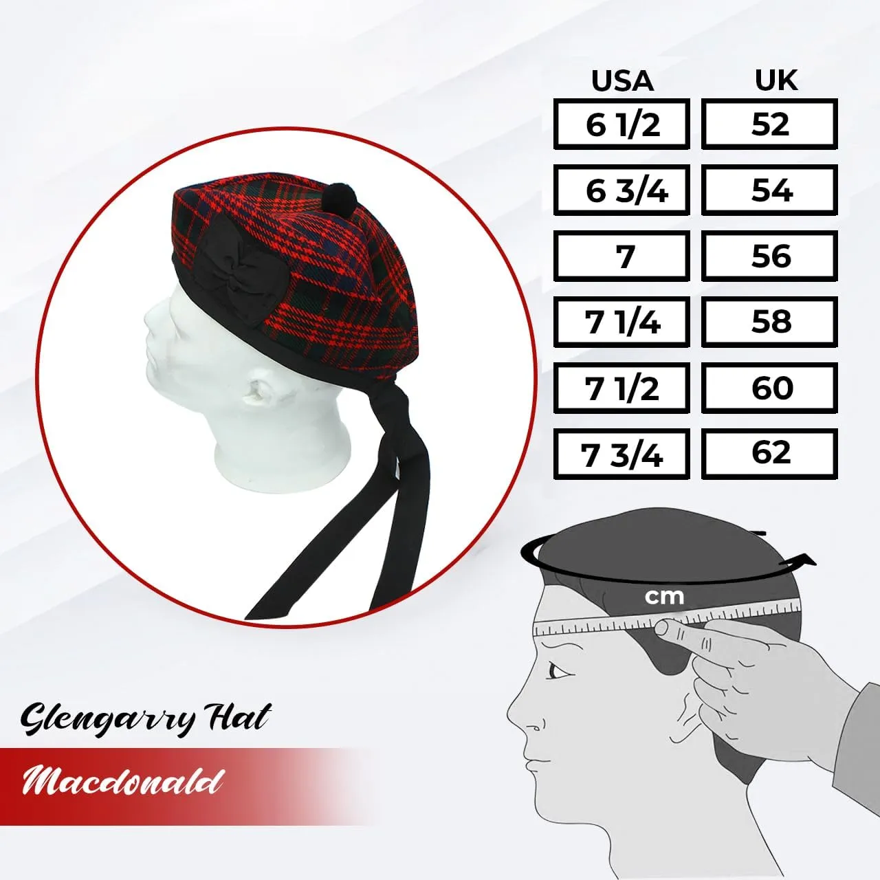 Glengarry Cap-Traditional Scottish Hat,100% Wool, Acrylic Wool Tartan,Kilts/Bagpipes Accessories,Polyester Cotton Ribbon