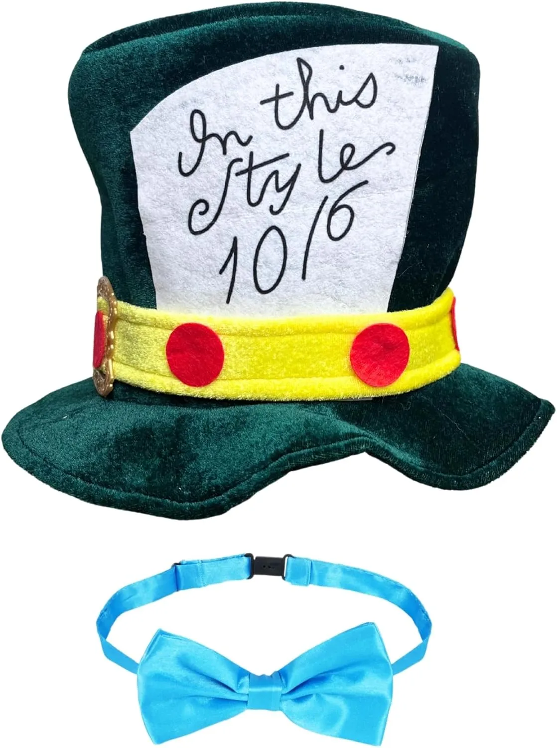Green Mad Hatter Costume Set - 1 Hat and Blue Tie, 2 Pc Set for Adults