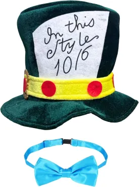 Green Mad Hatter Costume Set - 1 Hat and Blue Tie, 2 Pc Set for Adults
