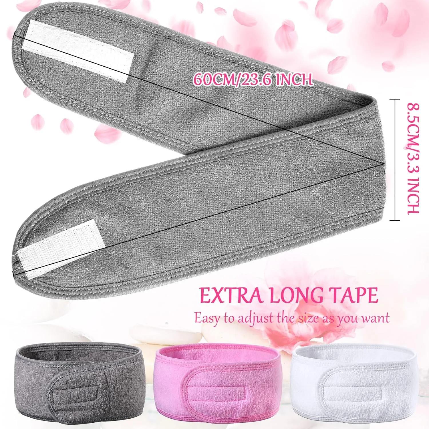 Hoteam 30 Pack Spa Headband Facial Esthetician Hair Wrap for Women Adjustable Makeup Sports Shower Stretch Towel with Tape(Pink, Gray, White)