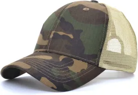 Low Profile Unisex Women & Men Trucker Hat - Sun Hat with Plain Mesh & Camo - Adjustable Outdoor Sport & Hunt Cap (Camo Yellow)