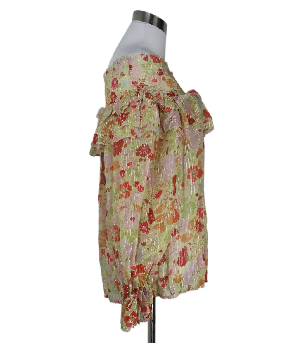 Manoush Green & Red Floral Print Ruffle Blouse sz 4
