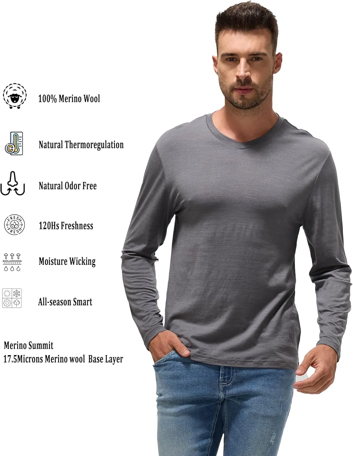 Men's Ultrafine 17.5 Micron Merino Base Layer | V-Neck Thermal Shirt, Moisture Wicking & Odor Resistant