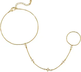 MINDDHA 14K Gold/White Gold Plated Hand Chains Bracelet for Women | Dainty Cubic Zirconia Bracelet and Ring Chain Body Jewelry | Star, Princess Cut Styles Adjustable Chain