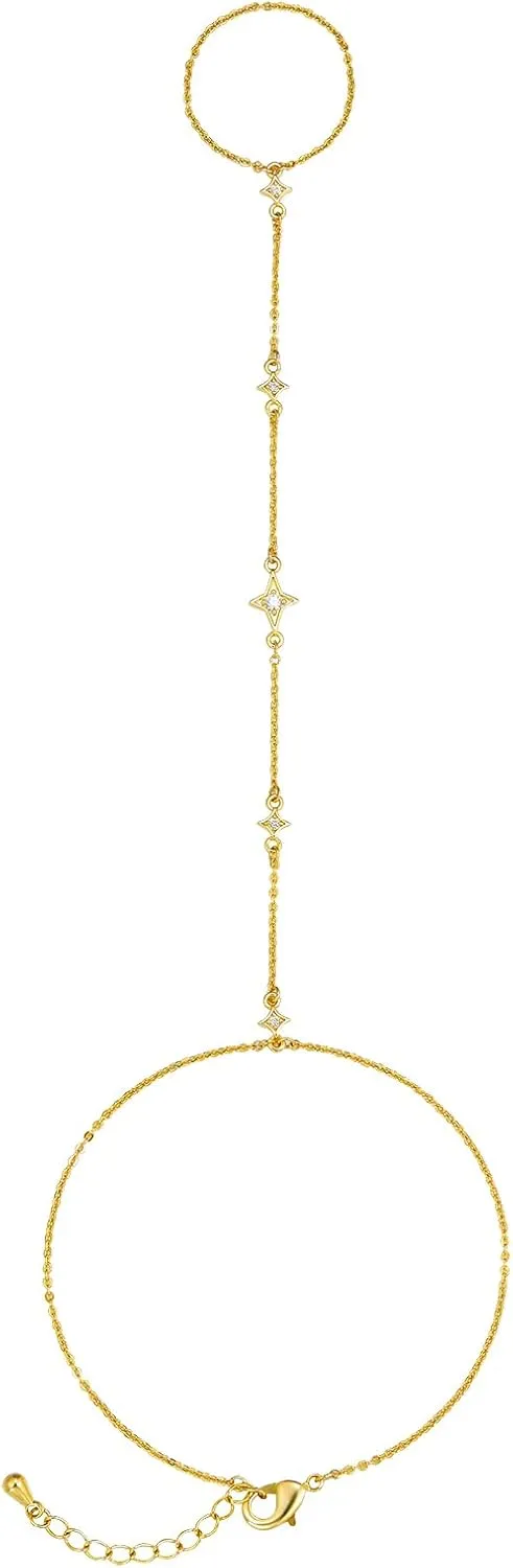 MINDDHA 14K Gold/White Gold Plated Hand Chains Bracelet for Women | Dainty Cubic Zirconia Bracelet and Ring Chain Body Jewelry | Star, Princess Cut Styles Adjustable Chain
