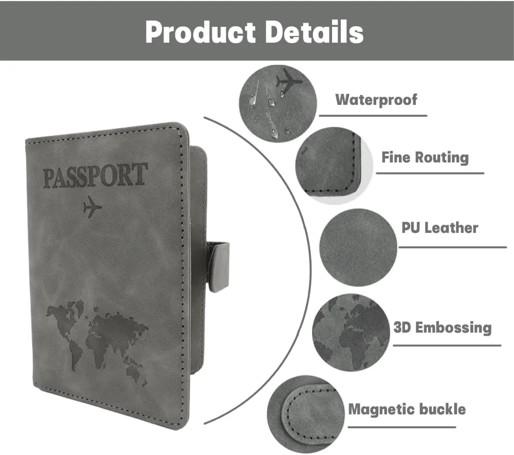 Passport Holder for Travel, RFID Passport Holder, Gray Passport Cover Case, Passport Wallet PU Leather Passport Book Travel Wallet with Card Holder Travel Must Haves Accessories for Women and Men