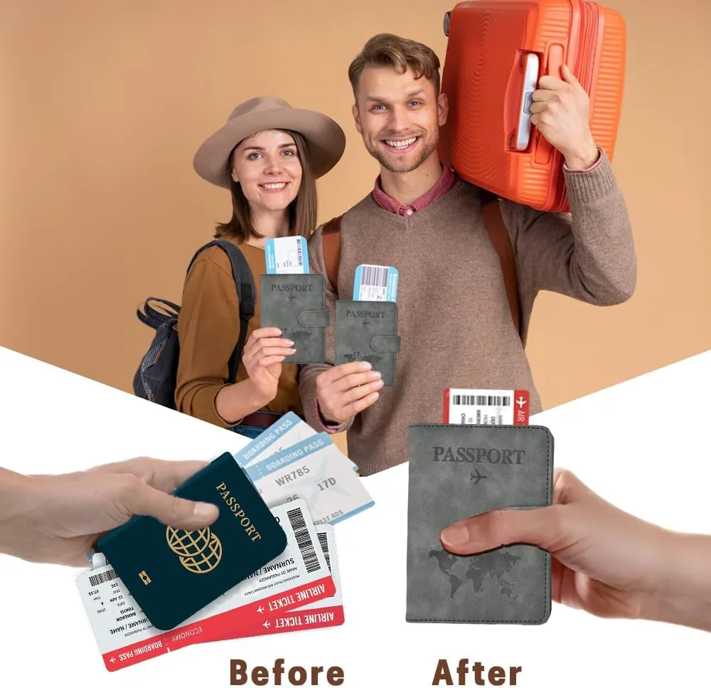 Passport Holder for Travel, RFID Passport Holder, Gray Passport Cover Case, Passport Wallet PU Leather Passport Book Travel Wallet with Card Holder Travel Must Haves Accessories for Women and Men