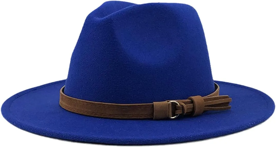 Pulcykp Women's Wool Fedora Hat With Leather Ribbon Winter Autumn Wide-Brimmed Jazz Hat Blue CHILD 52-54CM