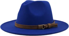 Pulcykp Women's Wool Fedora Hat With Leather Ribbon Winter Autumn Wide-Brimmed Jazz Hat Blue CHILD 52-54CM