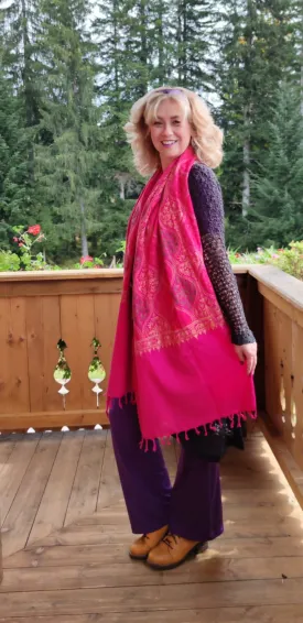 Shanila embroidery handmade scarf - bright pink emb