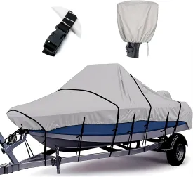 Tuszom 1200D 100% Waterproof Center Console Boat Cover with Motor Cover, Tear-Proof Trailerable Boat Cover for Center Console Boat with 13-19 Windproof Straps (Gray, 14' - 16' L, UP to 90" W)