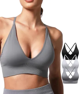V Neck Adjustable Spaghetti Straps Sports Bra for Women, Padded Criss Cross Back Longline Yoga Bra Workout Crop Top Multipack