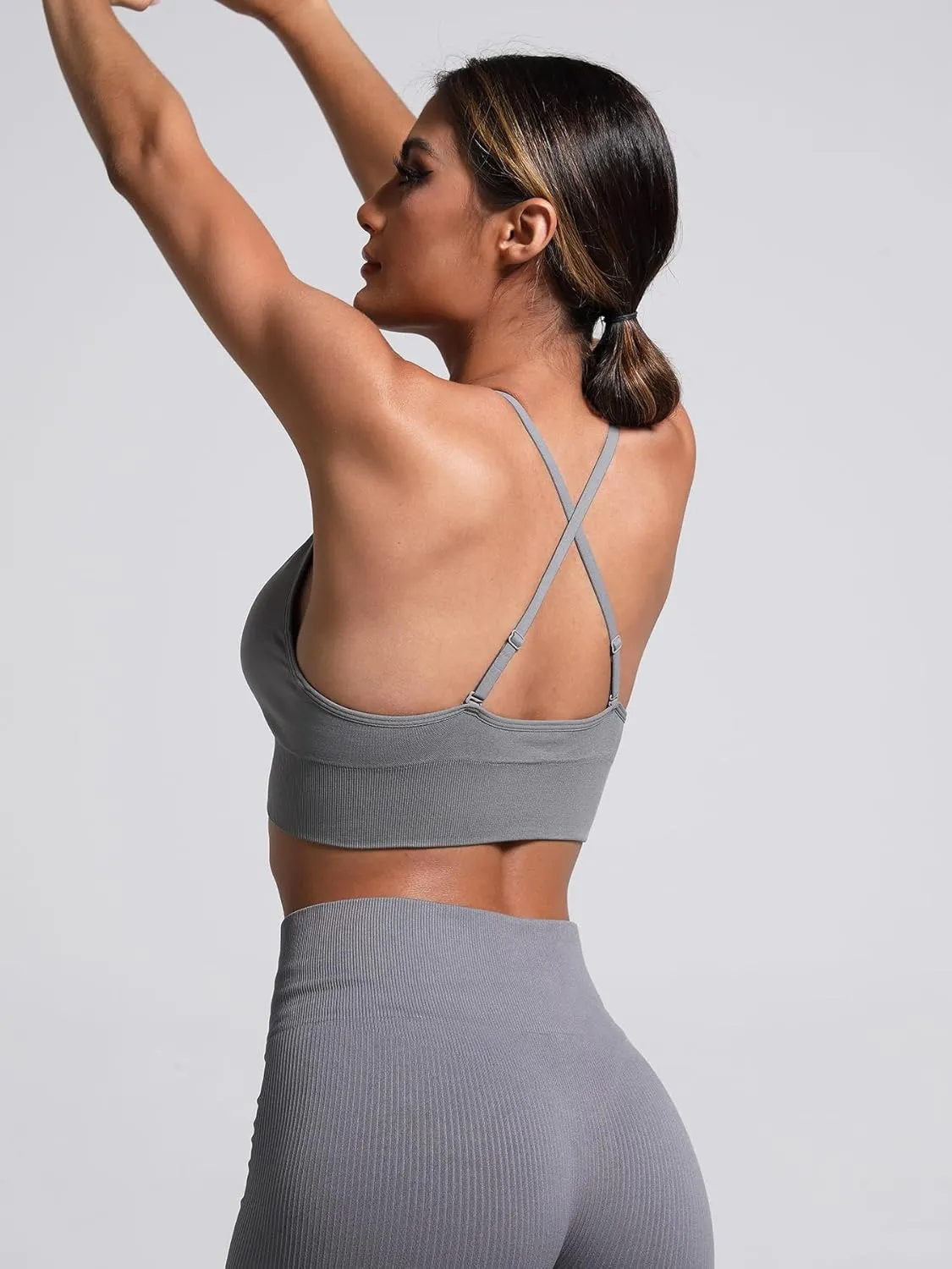 V Neck Adjustable Spaghetti Straps Sports Bra for Women, Padded Criss Cross Back Longline Yoga Bra Workout Crop Top Multipack