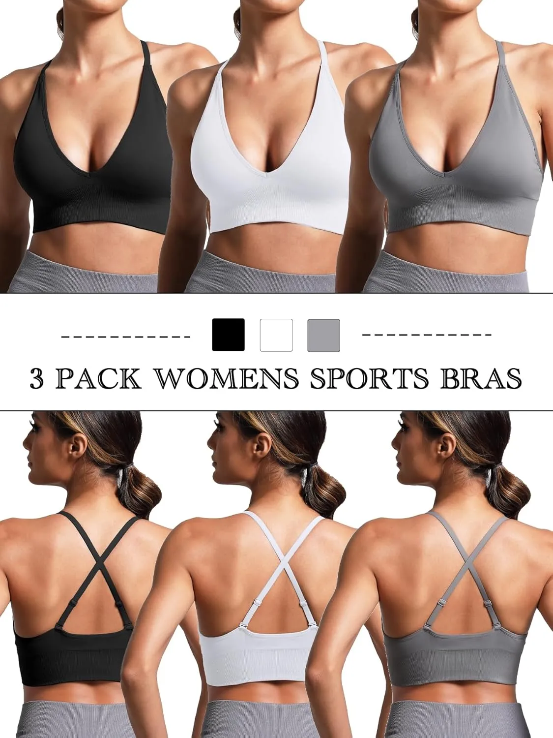 V Neck Adjustable Spaghetti Straps Sports Bra for Women, Padded Criss Cross Back Longline Yoga Bra Workout Crop Top Multipack