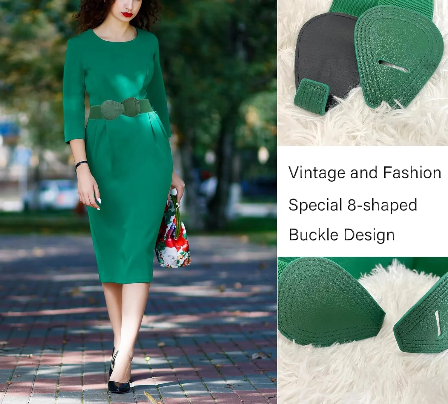 Women 8-Shaped Elastic Belts Stretchy Leather Waistband Wide Stretch Women Dress Belt with Interlock Buckle