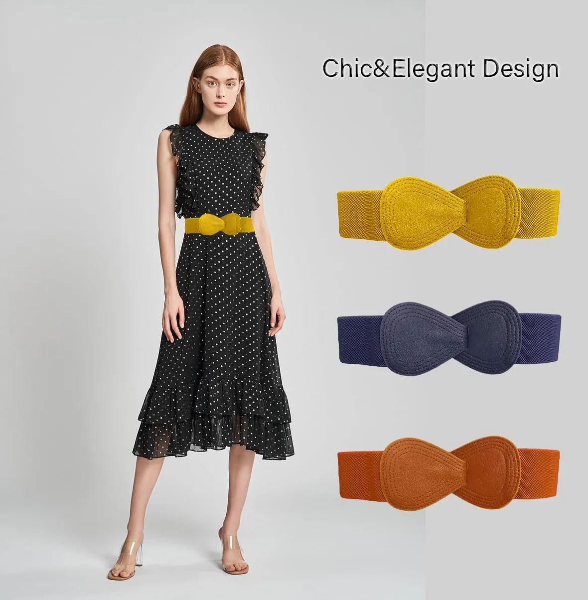 Women 8-Shaped Elastic Belts Stretchy Leather Waistband Wide Stretch Women Dress Belt with Interlock Buckle