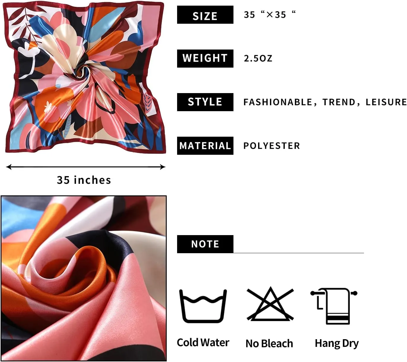 Women's 35" Satin Square Silk Like Hair Scarves and Wraps-Square Silk Head Scarf for wrapping hair