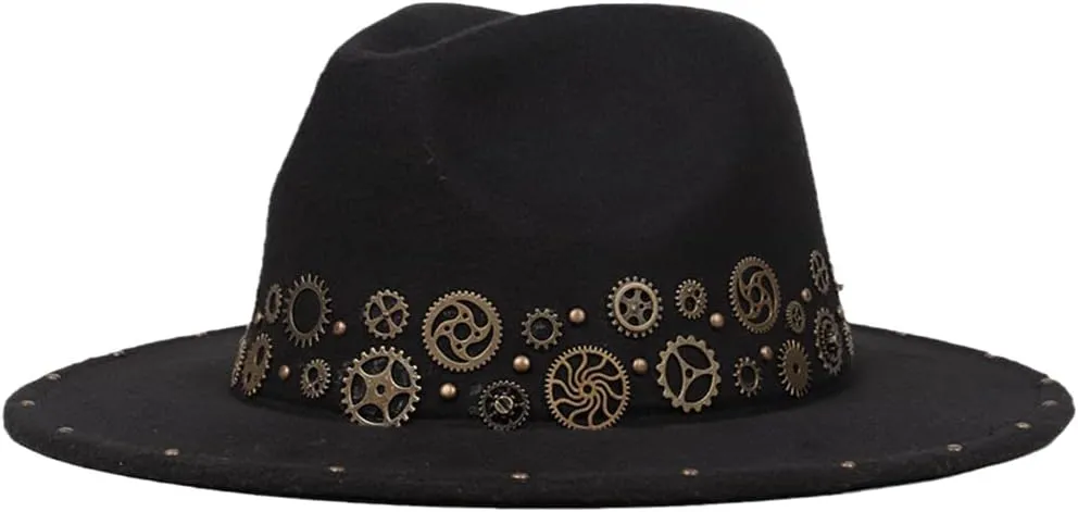 Women's Wide Brim Handmade Punk Fedora Jazz Winter Sun Hat Black 3 60-61CM