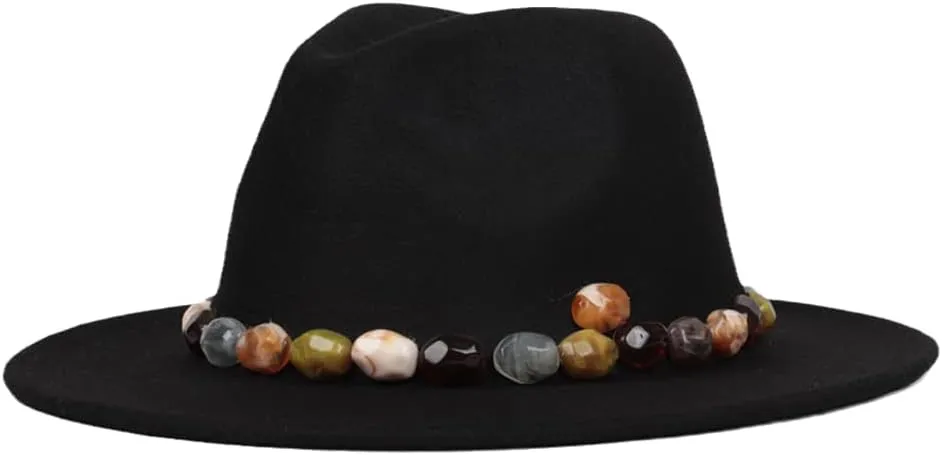 Women's Wide Brim Handmade Punk Fedora Jazz Winter Sun Hat Black11 60-61CM