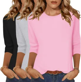Zeagoo Tops for Women 3 Pack 3/4 Sleeve Crewneck Cute Basics Tees Casual Fashion Summer T Shirts Business Work Tee Top